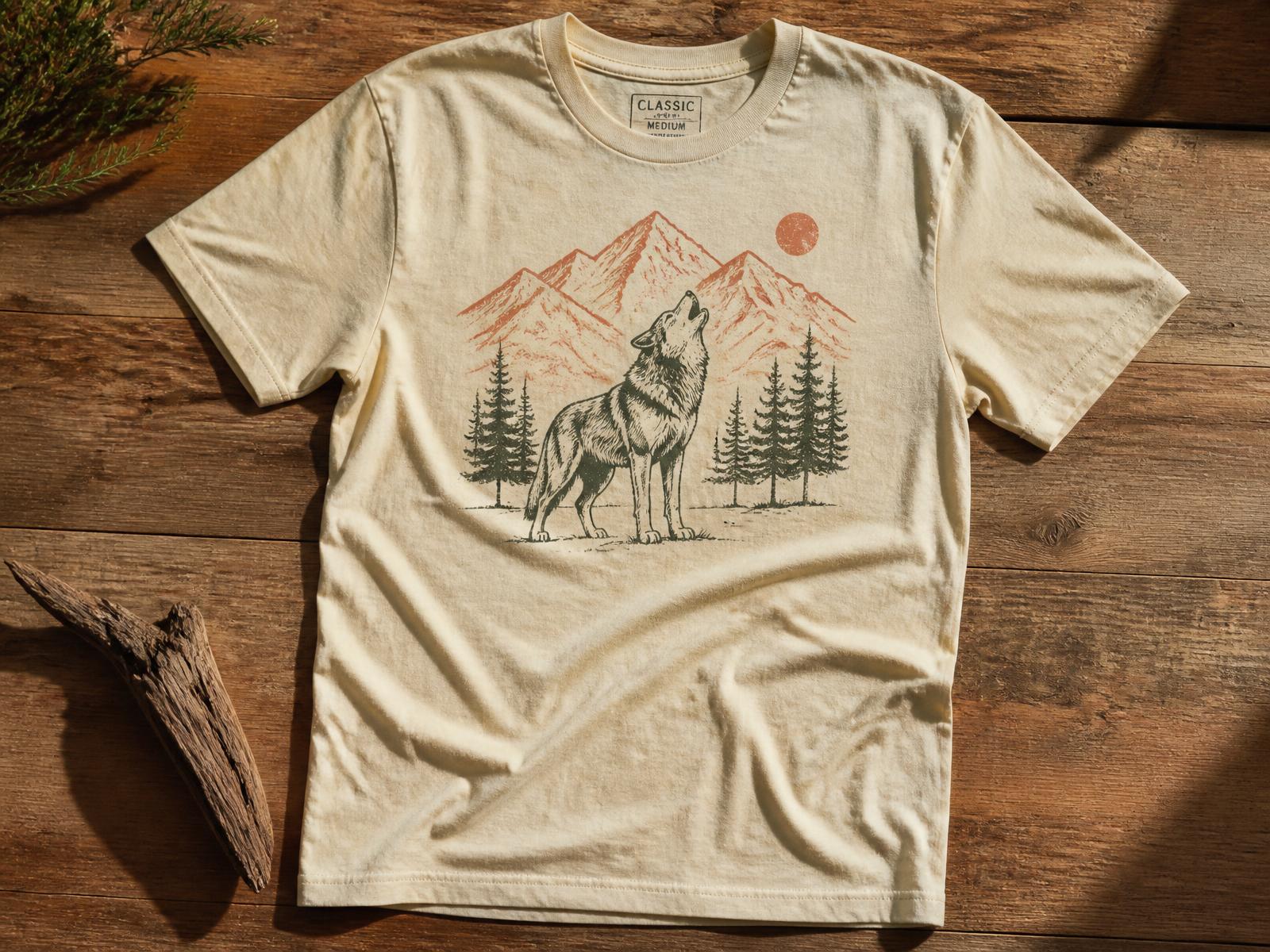 Cream vintage-washed tee screen printed with a wolf and mountain range graphic
